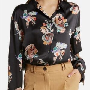 Vince women's Ikat Black Floral Print Silk Blouse Top